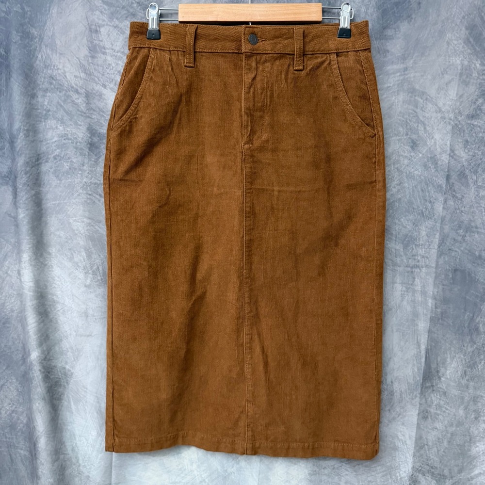 Womens Brown Corduroy Midi Skirt Size 4 Stretch Straight Pencil Fall Cottagcore